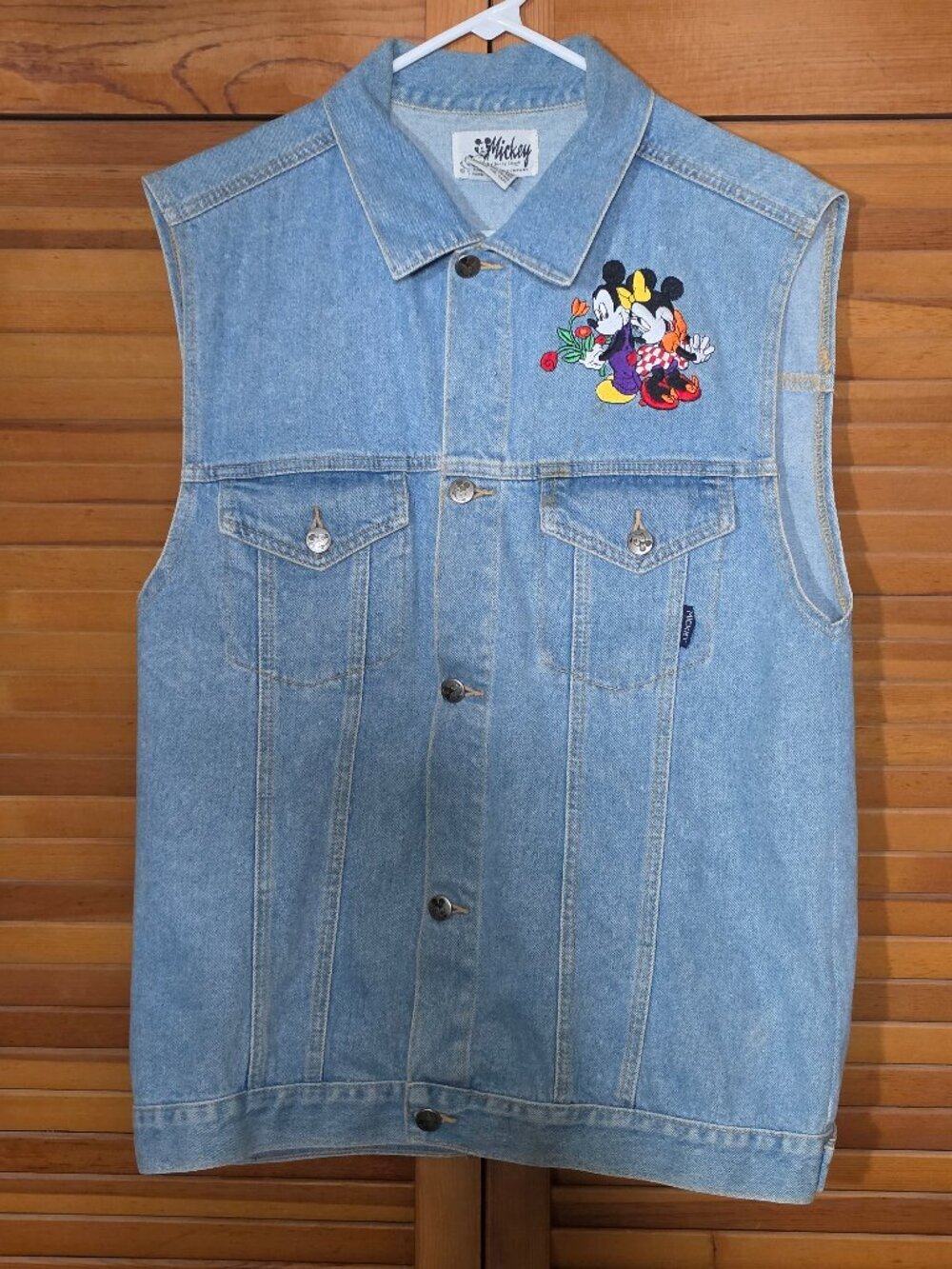 Mickey Jerry Leigh Denim Vest 100% Cotton Embroidered Mickey Minnie Blue Large